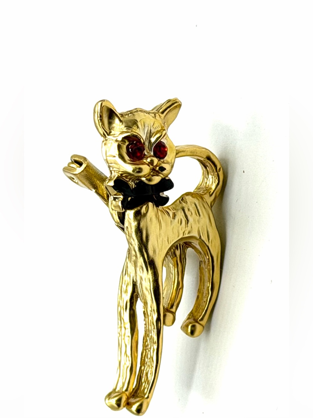 Vintage Style Articulated Cat Brooch with Red Rhinestone Eyes & Black Bow